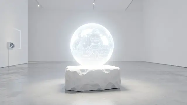 A luminous wireframe sphere rests on a rough white stone pedestal in a bright empty minimalist gallery.
