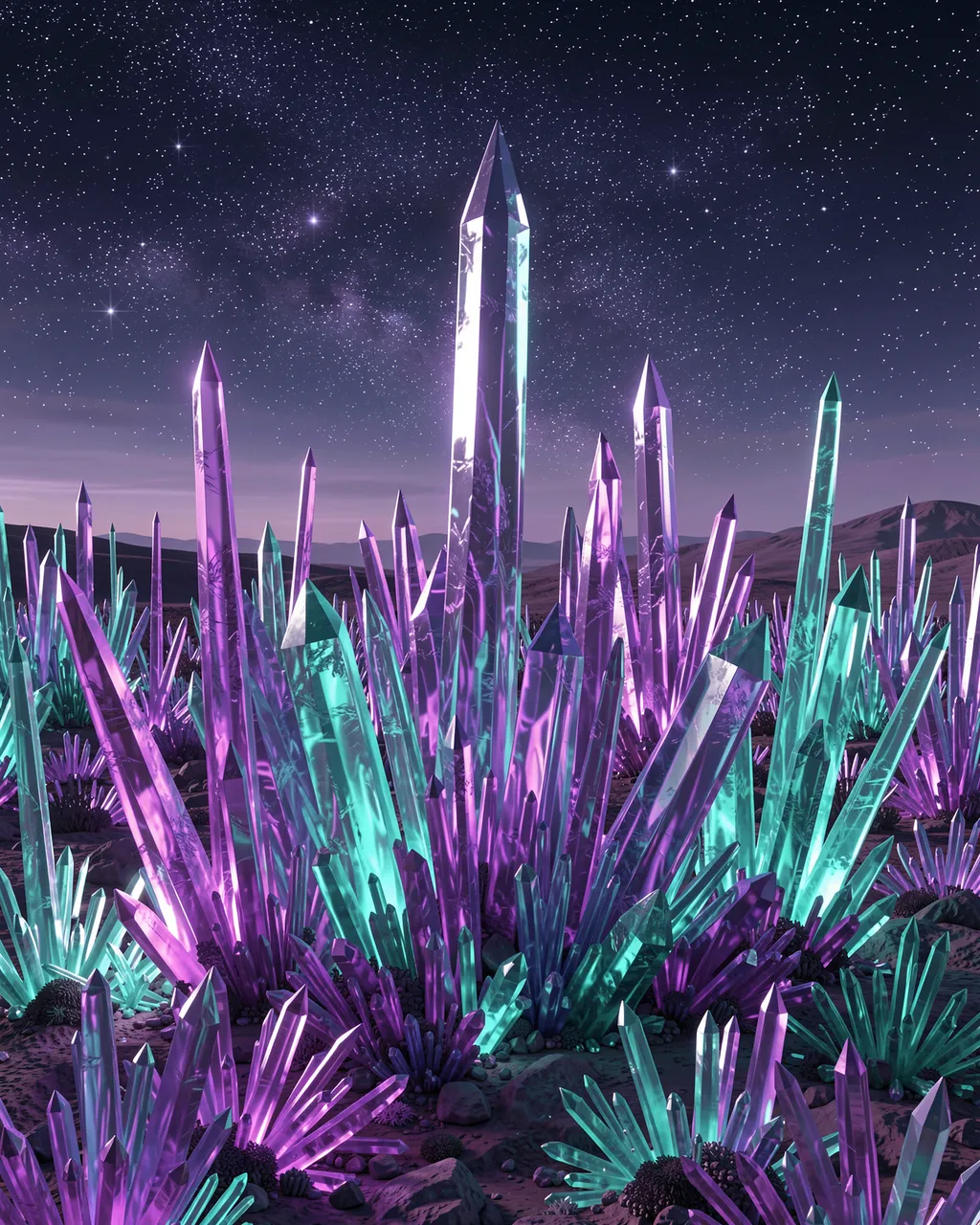 Towering violet and teal crystal formations glow across an alien plain beneath a starry night sky