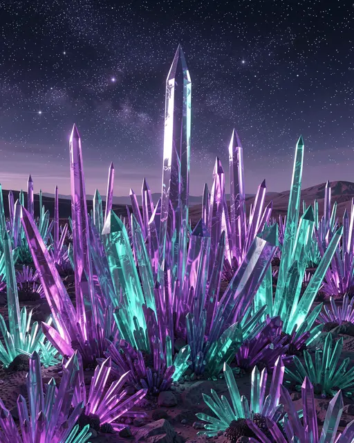 Towering violet and teal crystal formations glow across an alien plain beneath a starry night sky