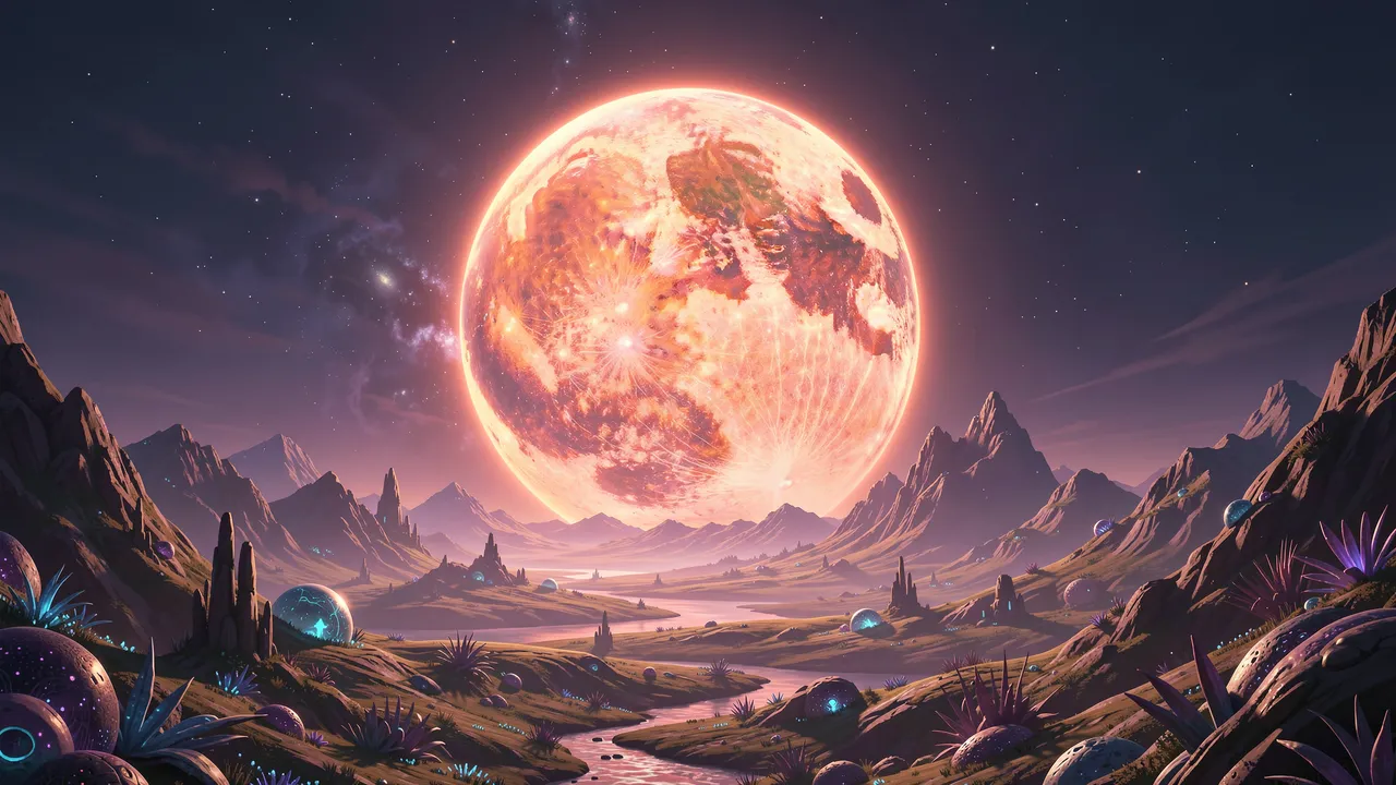 A large glowing warm planet hangs low over a futuristic alien mountain and valley landscape under a starry sky