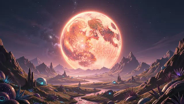 A large glowing warm planet hangs low over a futuristic alien mountain and valley landscape under a starry sky