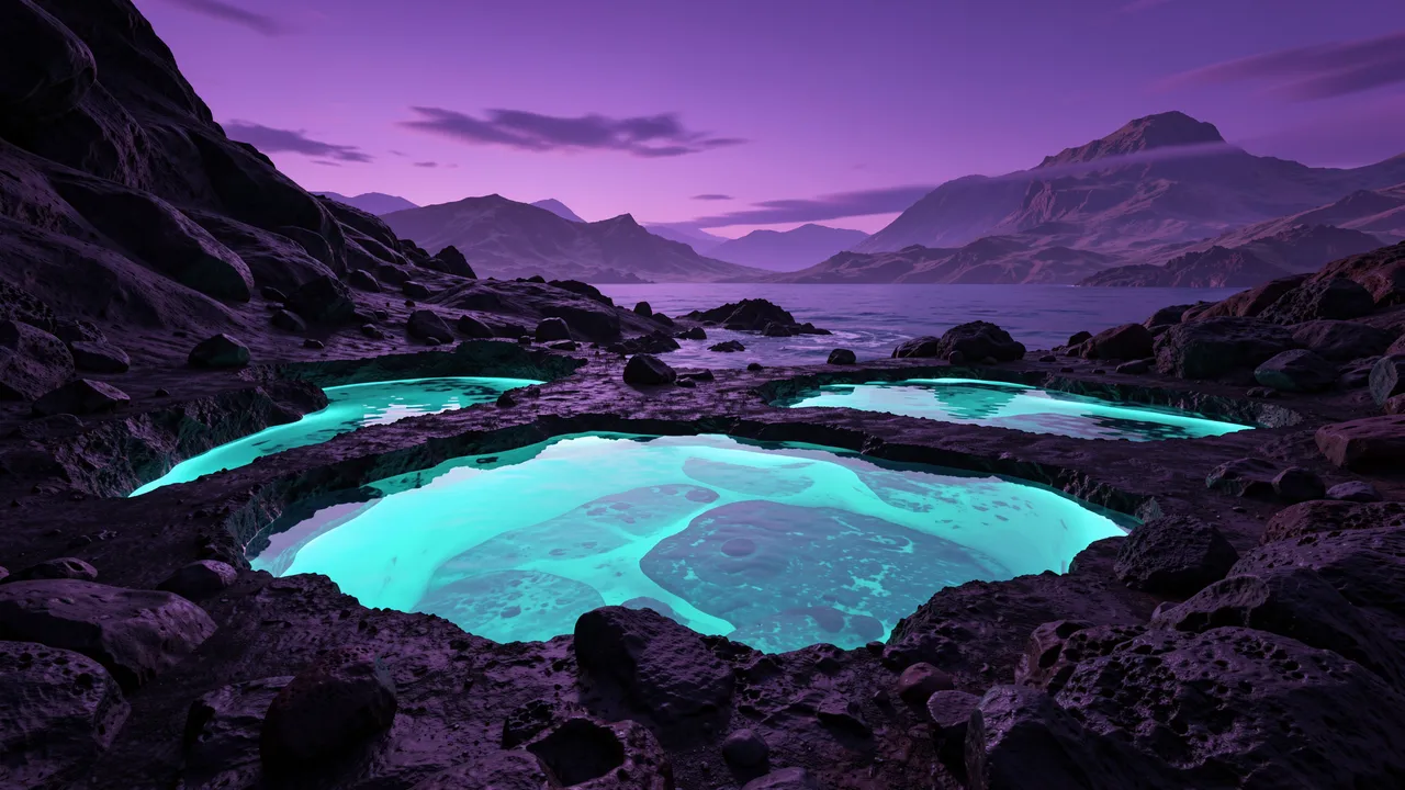 Luminous turquoise tide pools rest on dark rocky terrain under a violet twilight alien sky