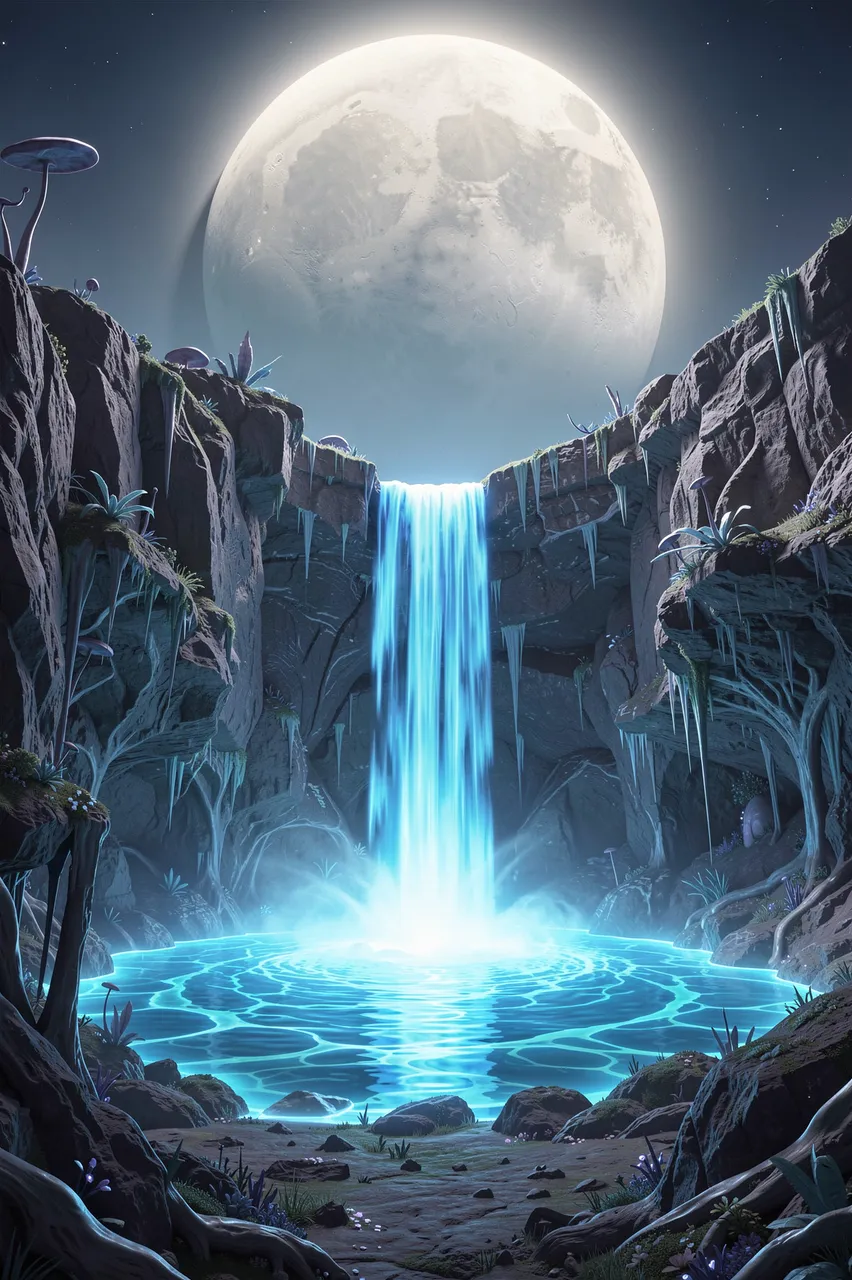 A glowing blue waterfall flows into a luminous alien pool beneath a large pale moon above rocky cliffs.