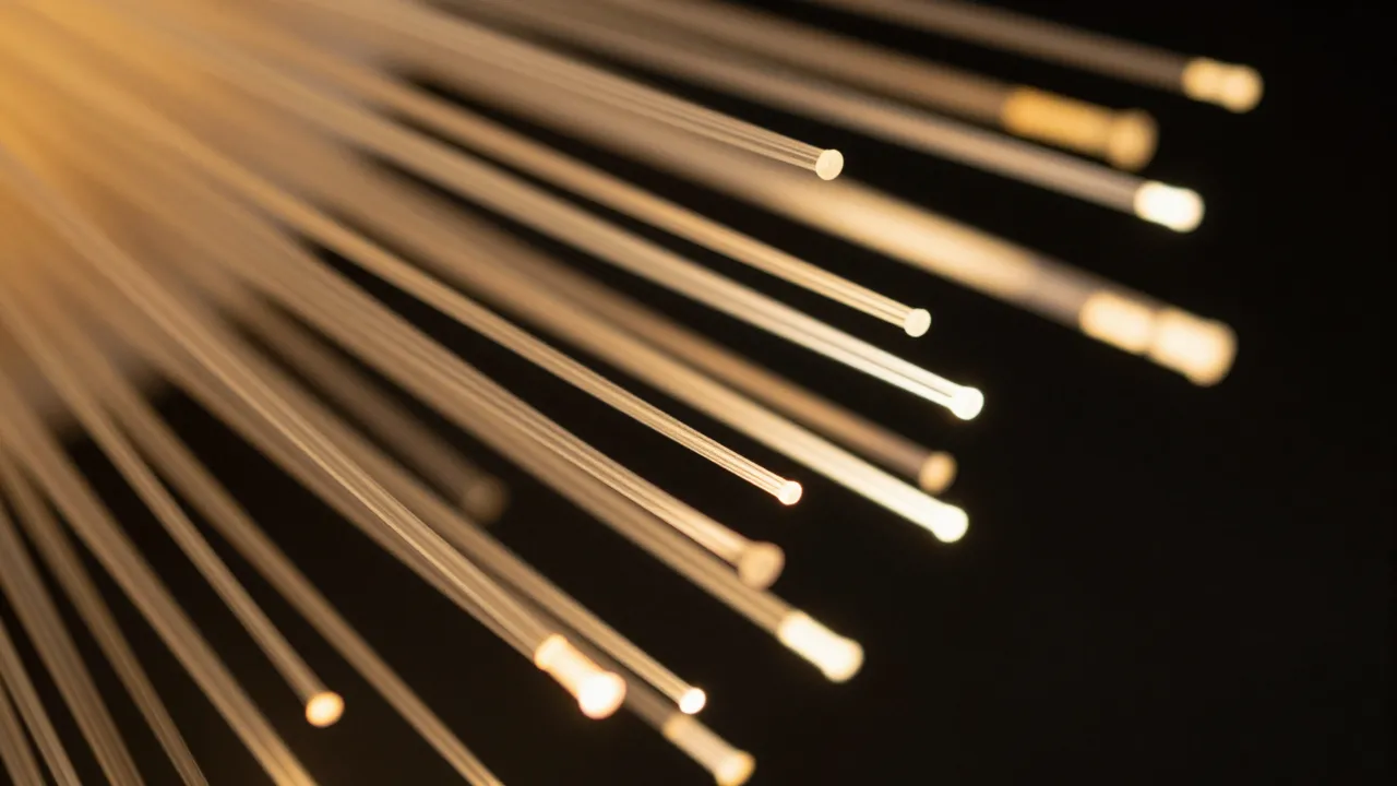 Close-up of warm glowing amber fiber optic strands against a dark black background with shallow depth of field