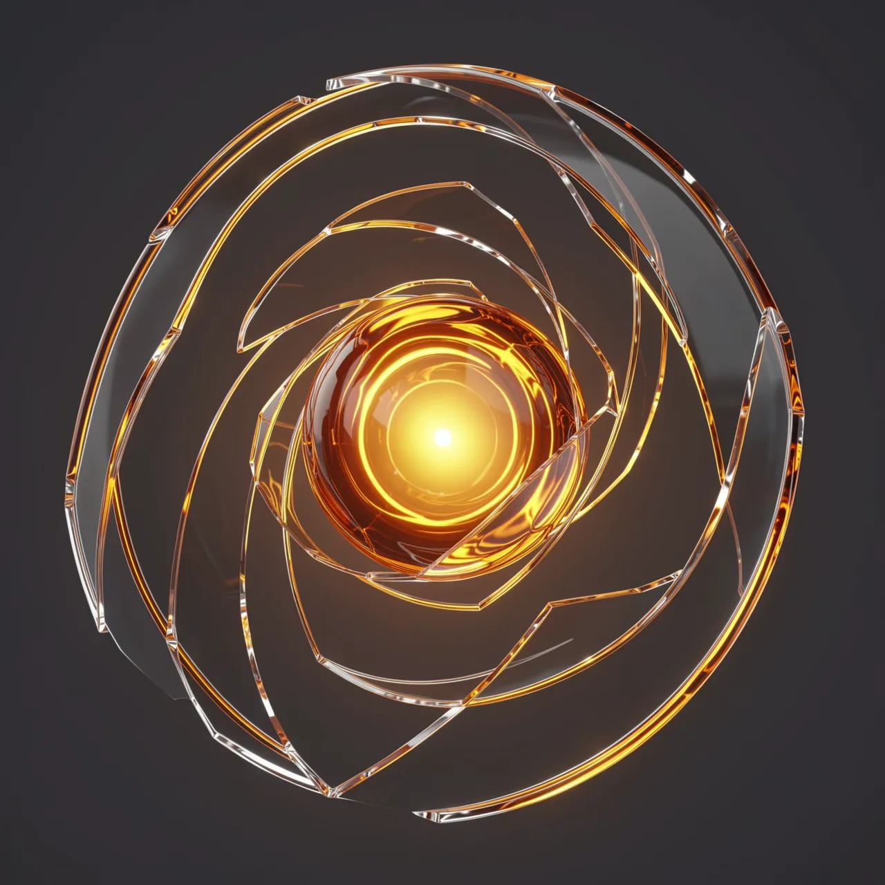 Translucent curved glass shards spiral around a bright glowing amber core against a dark gray background