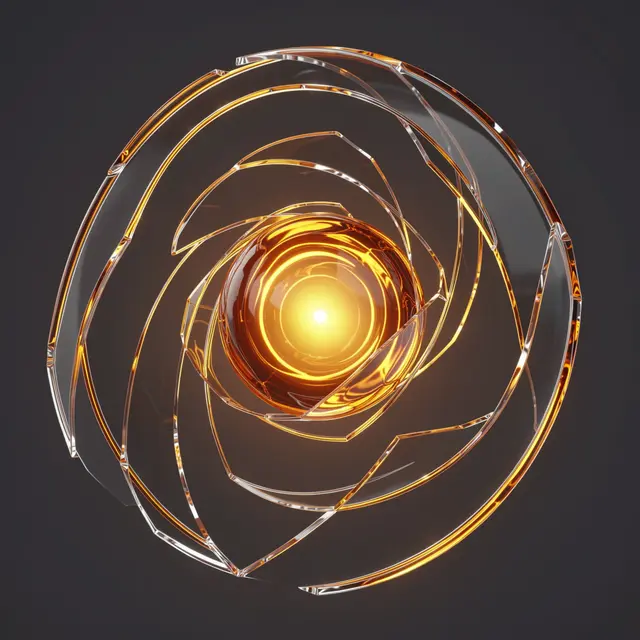 Translucent curved glass shards spiral around a bright glowing amber core against a dark gray background