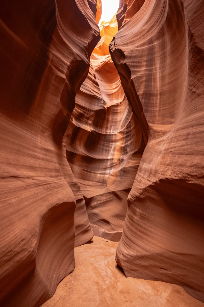 Smooth layered sandstone walls of a narrow Arizona slot canyon glow with warm orange light from above