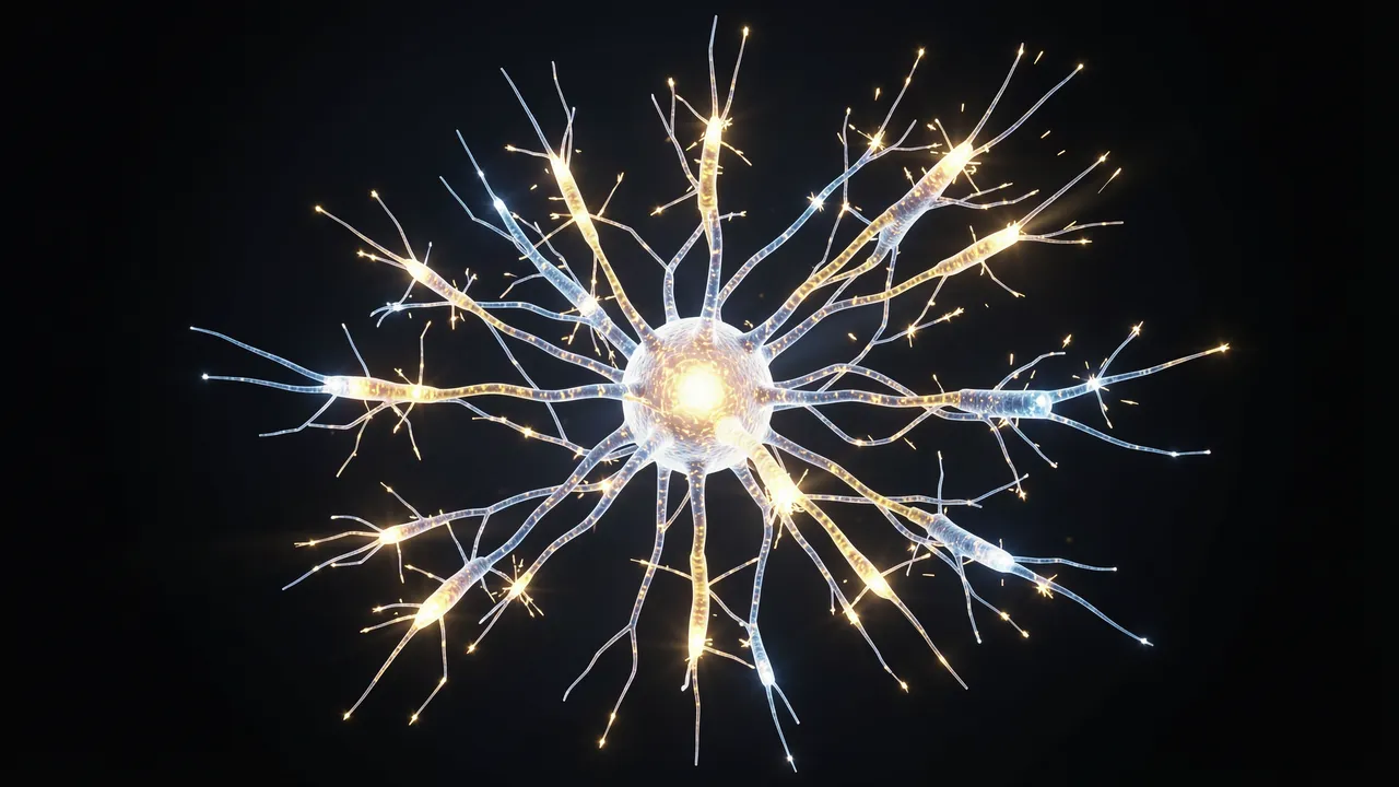 A glowing 3D rendered artificial neuron with bright signal sparks against a solid black void background