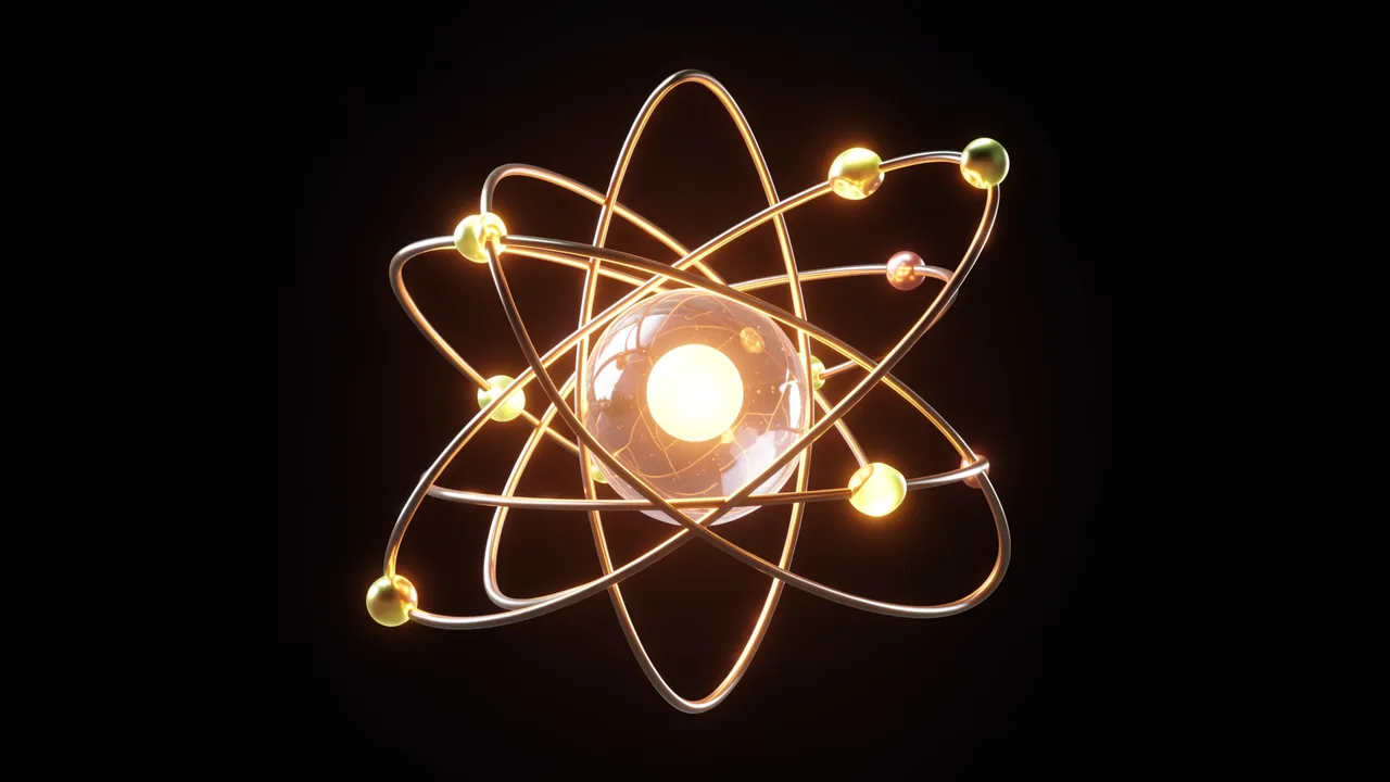 A glowing stylized atomic model with orbiting electrons floats against a solid black background