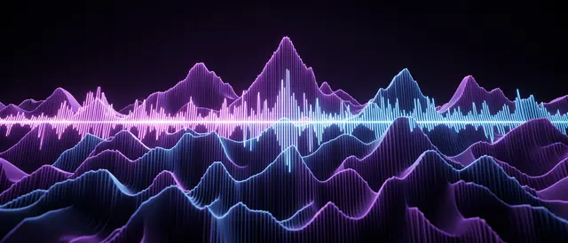 Stacked glowing violet and blue audio waveforms form abstract mountain layers against a dark background