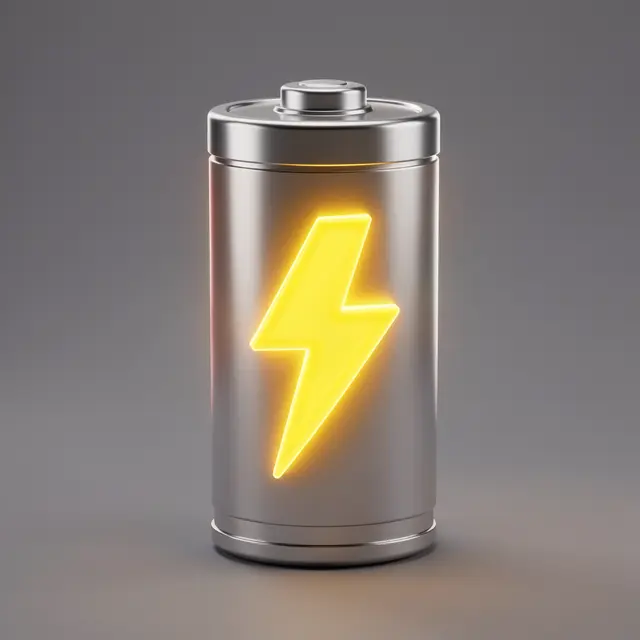 Metallic 3D rendered battery with a glowing yellow lightning bolt against a neutral gray background