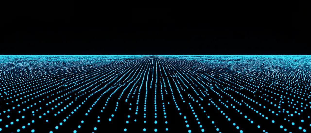 A field of glowing cyan dotted lines stretches to a distant horizon under a solid black upper background.