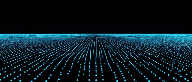 A field of glowing cyan dotted lines stretches to a distant horizon under a solid black upper background.