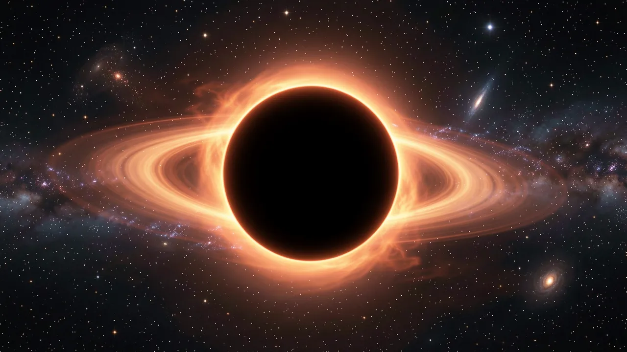 A supermassive black hole with a luminous orange accretion disk sits against a starry deep space background.