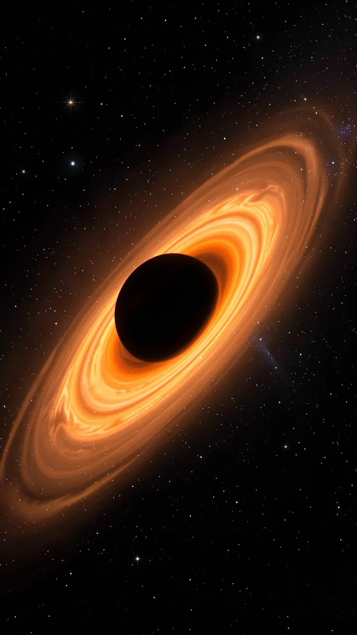 A steeply angled black hole with a bright orange accretion disk sits against a field of distant stars in deep space