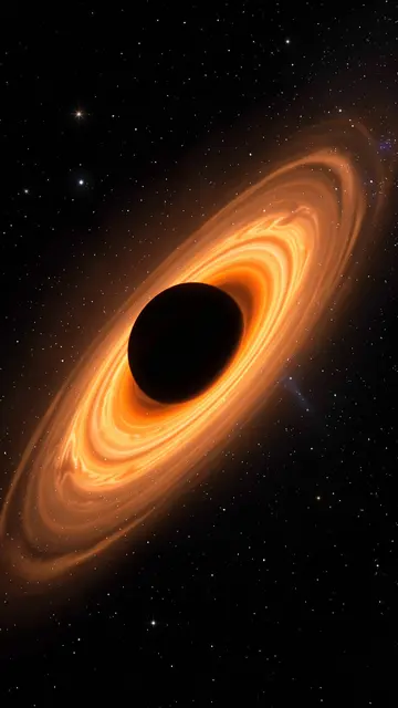 A steeply angled black hole with a bright orange accretion disk sits against a field of distant stars in deep space