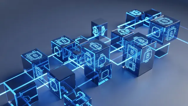 Transparent glowing blue blockchain cubes linked by luminous lines on a smooth dark gray surface