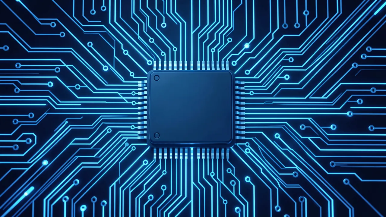 A central microchip sits surrounded by bright glowing blue circuit traces on a dark circuit board