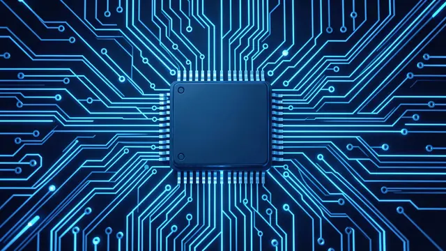 A central microchip sits surrounded by bright glowing blue circuit traces on a dark circuit board