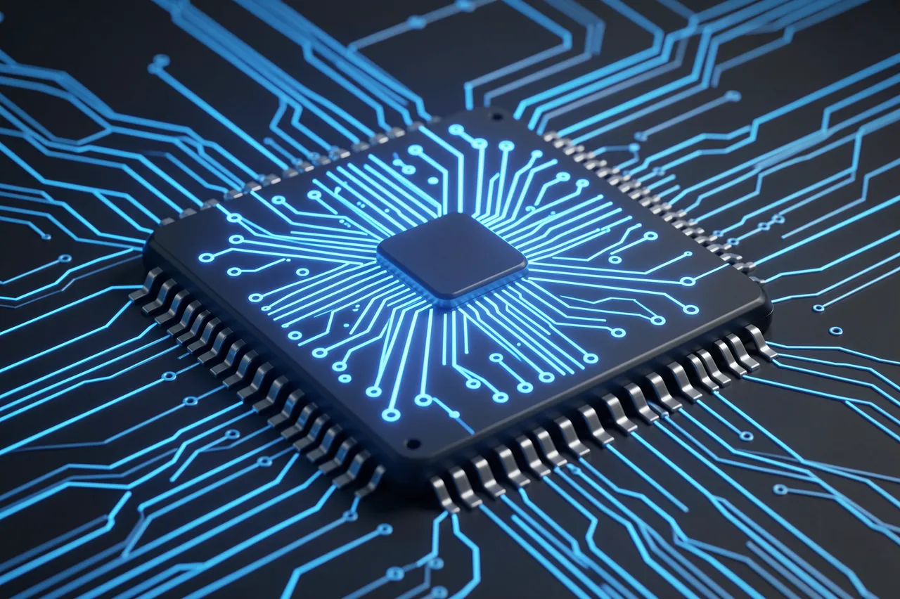 A 3D rendered microchip with glowing blue circuitry sits on a dark circuit board base