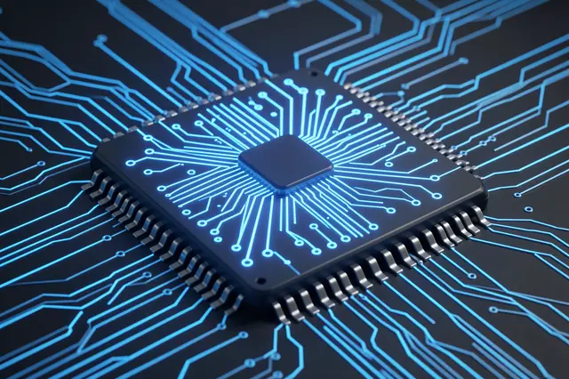A 3D rendered microchip with glowing blue circuitry sits on a dark circuit board base