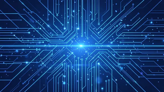 Symmetrical glowing blue circuit board lines and bright particles radiate from a central light flare.