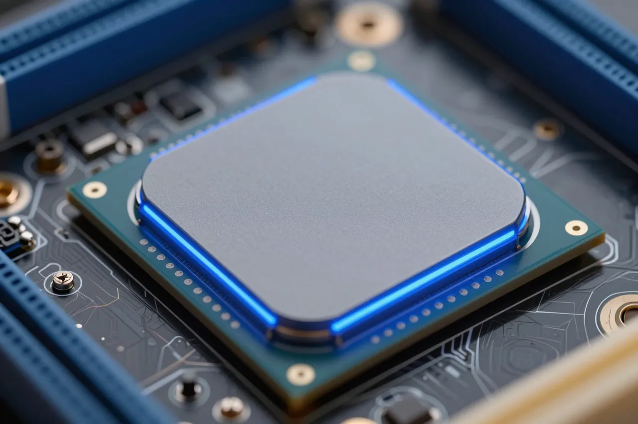 Macro close-up of a square processor with glowing blue edge lighting mounted on a dark motherboard