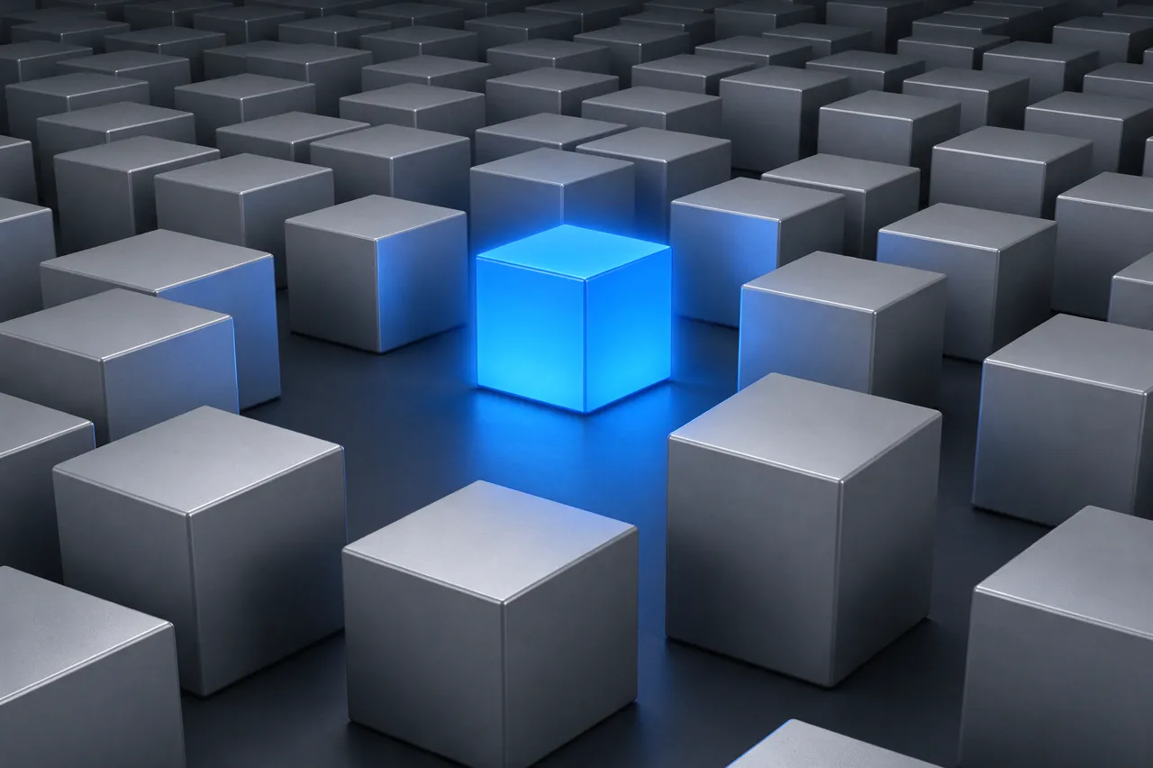 A single glowing blue cube stands out in orderly rows of matte gray cubes on a dark surface