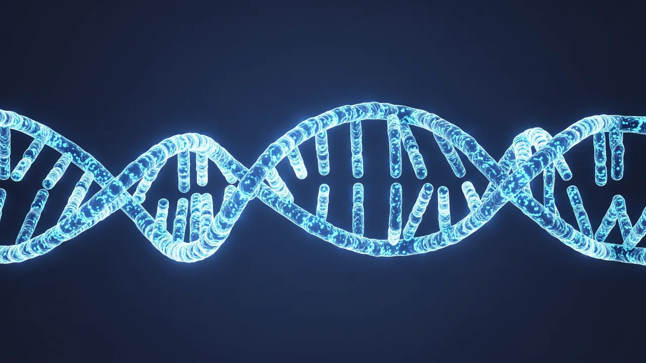 A 3D render of a glowing blue DNA double helix stretching horizontally across a dark blue background