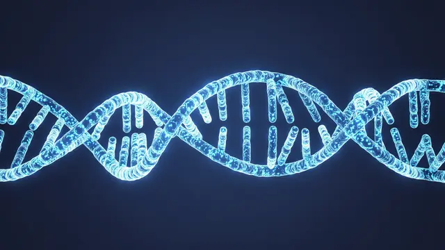 A 3D render of a glowing blue DNA double helix stretching horizontally across a dark blue background