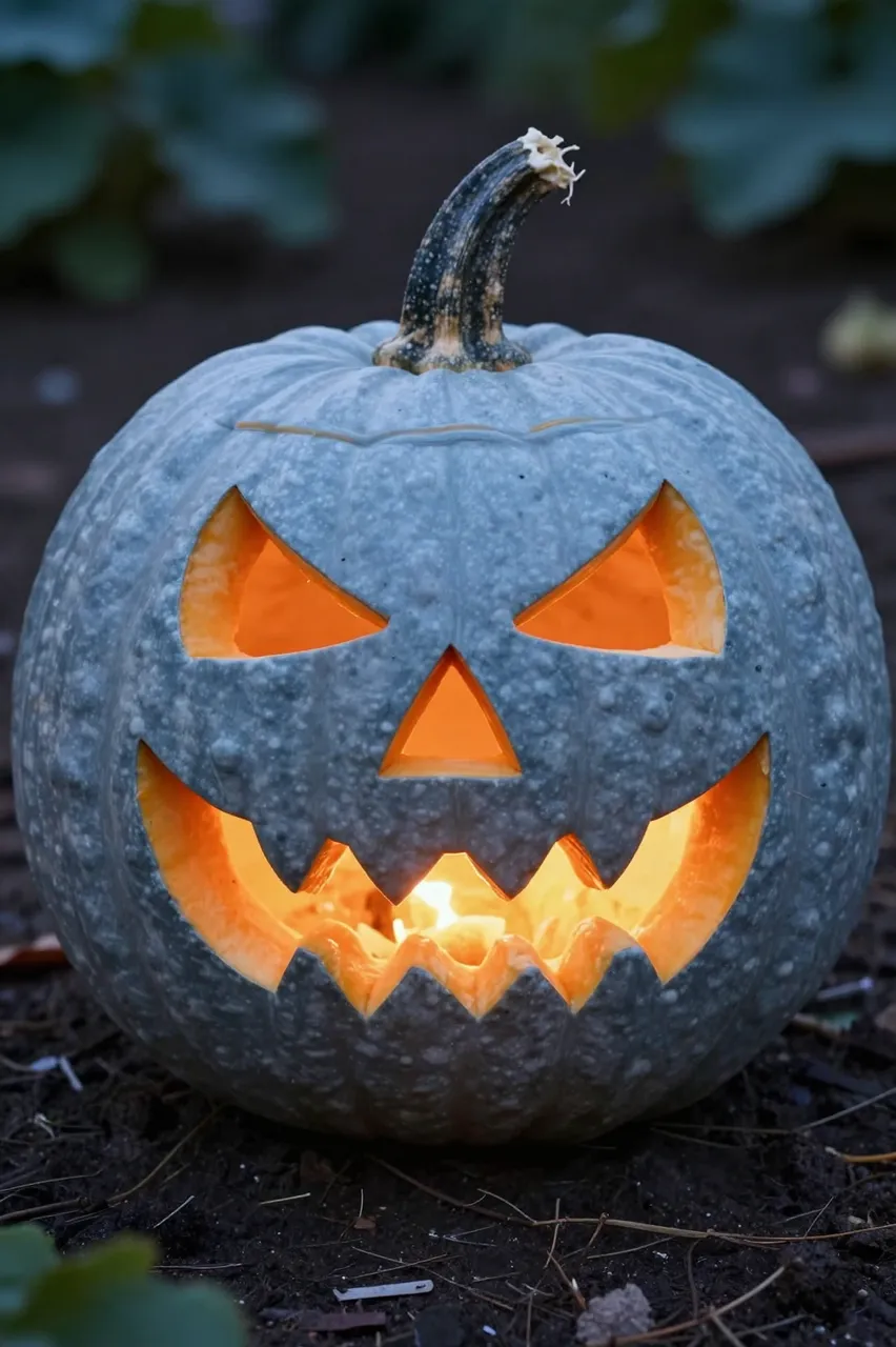 A carved blue-gray heirloom pumpkin with glowing jagged features sits on dark garden soil at dusk