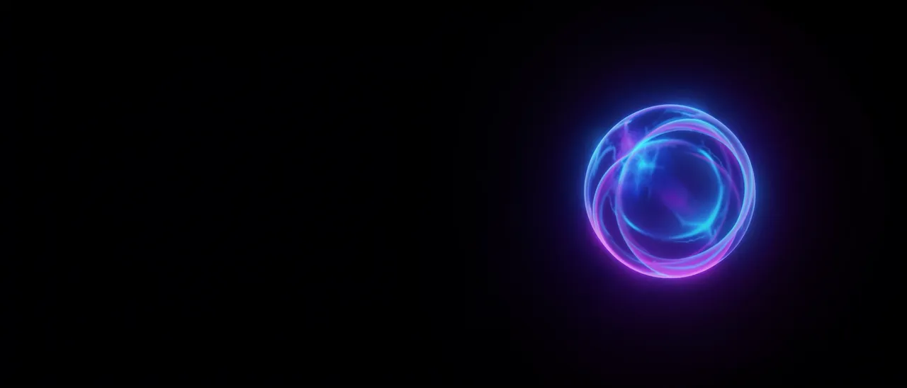 A swirling glowing blue and purple orb sits on the right side of a solid black background with empty left copy space