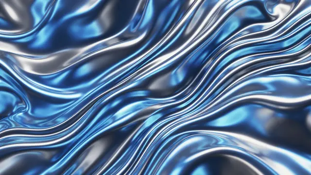Smooth rippled swirling waves of glossy glowing blue and silver liquid metal fill the full frame