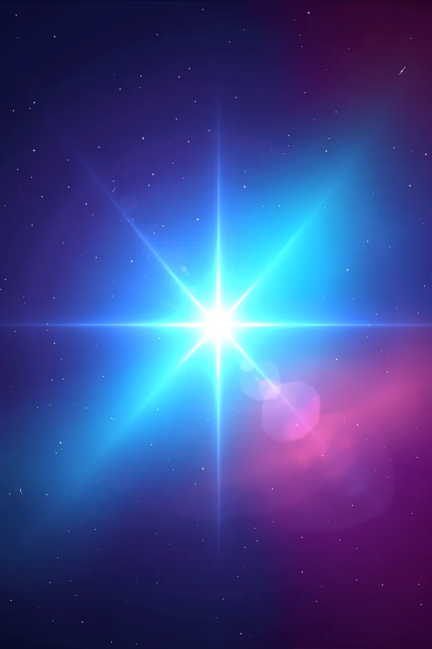A brilliant central blue star emits lens flare, surrounded by cyan, violet and rose nebula clouds and distant tiny stars