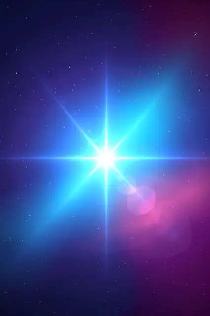 A brilliant central blue star emits lens flare, surrounded by cyan, violet and rose nebula clouds and distant tiny stars