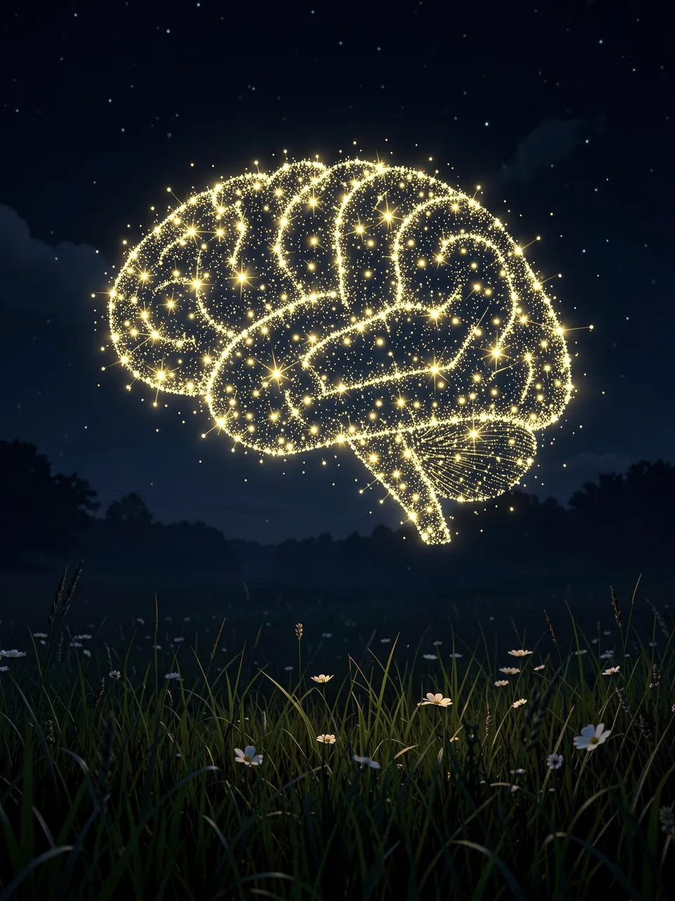 A glowing brain shape made of golden sparkles floats above a dark wildflower meadow at night