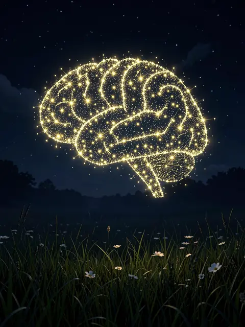 A glowing brain shape made of golden sparkles floats above a dark wildflower meadow at night