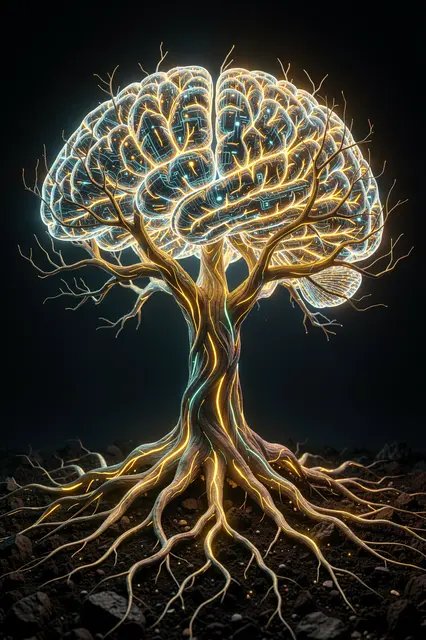 A stylized glowing tree with a brain-shaped luminous crown and radiant roots growing in dark soil