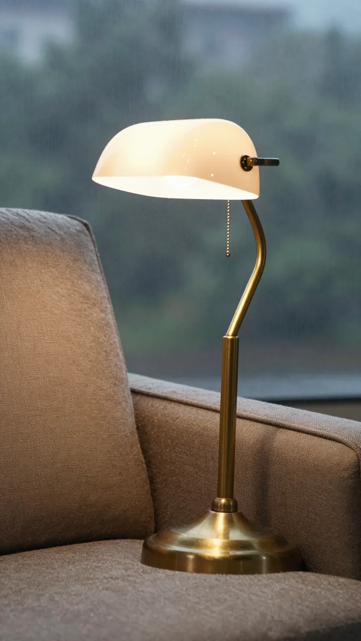 Lit brass reading lamp sits on a brown upholstered armchair beside a rainy window