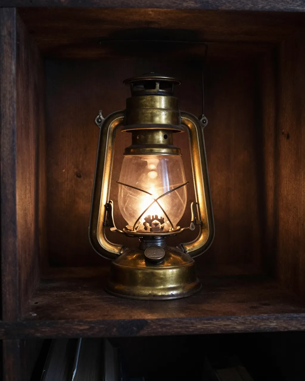 A tarnished vintage brass oil lamp glows softly while sitting inside a dark wooden shelf cubby