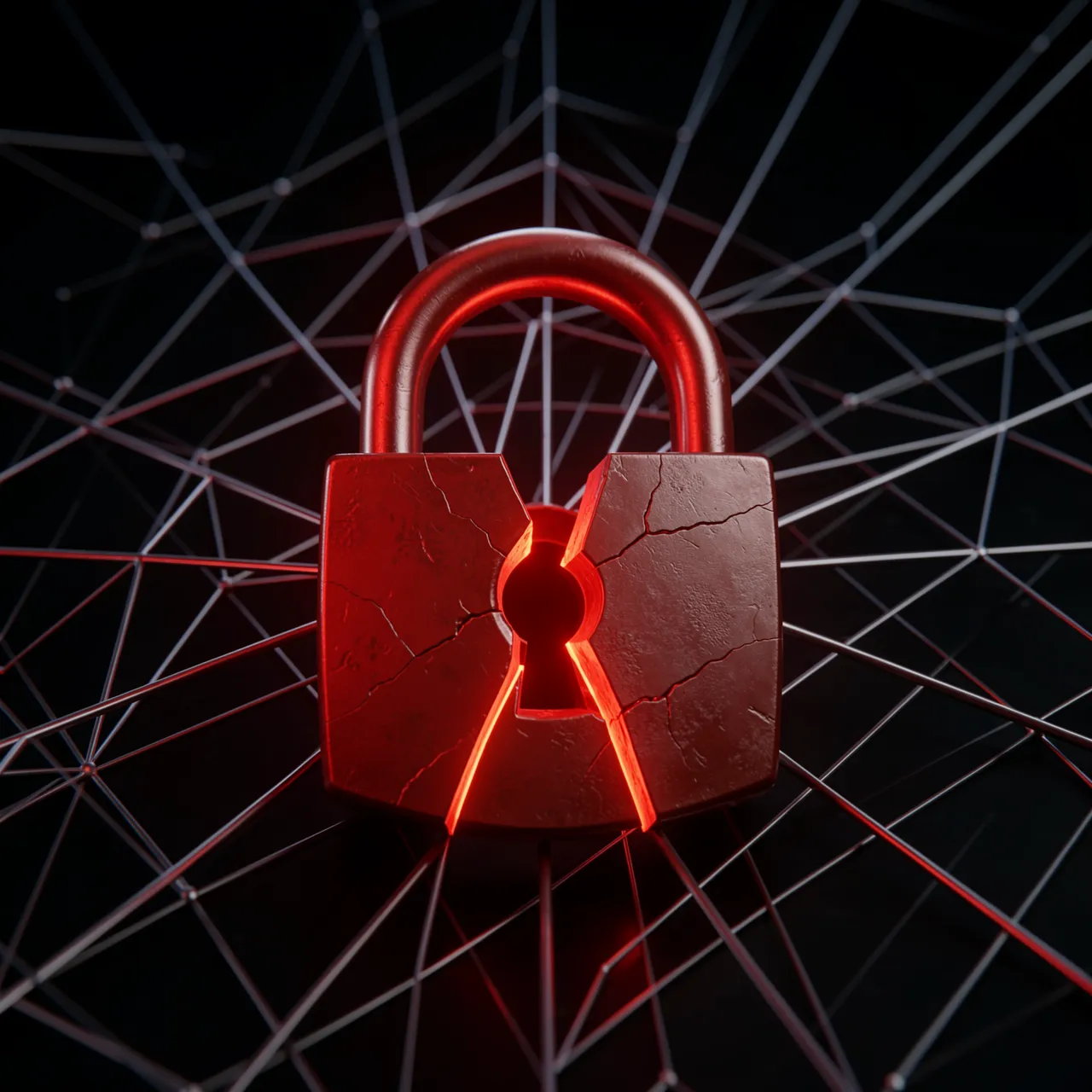 Cracked glowing red broken padlock sits over a dark geometric network grid background
