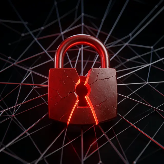 Cracked glowing red broken padlock sits over a dark geometric network grid background