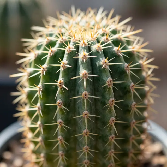 Close up macro shot of a barrel cactus with backlit glowing spines against a soft blurred background