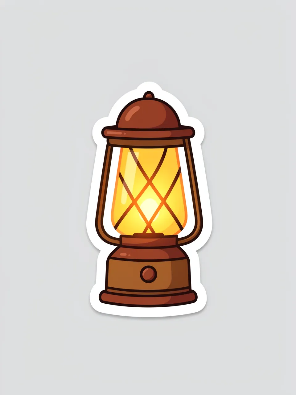 A cute flat illustration die-cut sticker of a glowing camping lantern on a plain light gray background