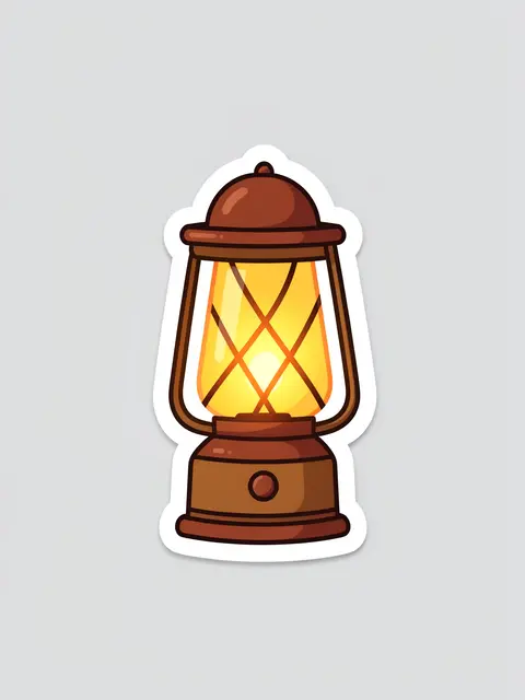 A cute flat illustration die-cut sticker of a glowing camping lantern on a plain light gray background