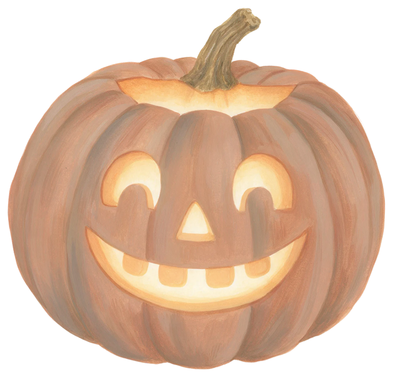 Hand-painted gouache illustration of a friendly glowing carved jack-o'-lantern with a toothy grin