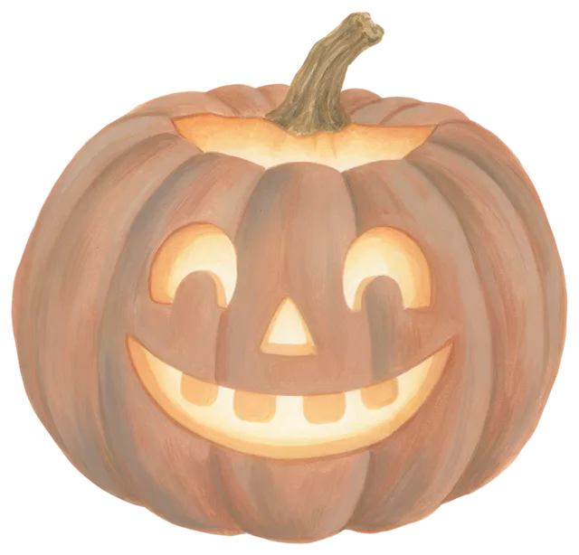 Hand-painted gouache illustration of a friendly glowing carved jack-o'-lantern with a toothy grin