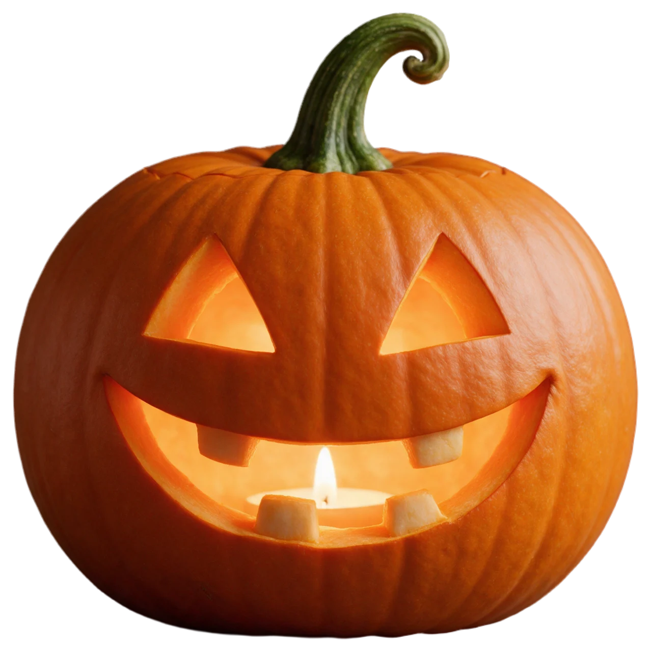 A carved jack-o'-lantern with a friendly grin glows from an internal tealight candle
