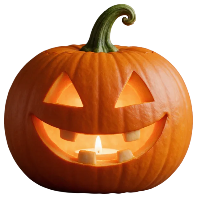 A carved jack-o'-lantern with a friendly grin glows from an internal tealight candle