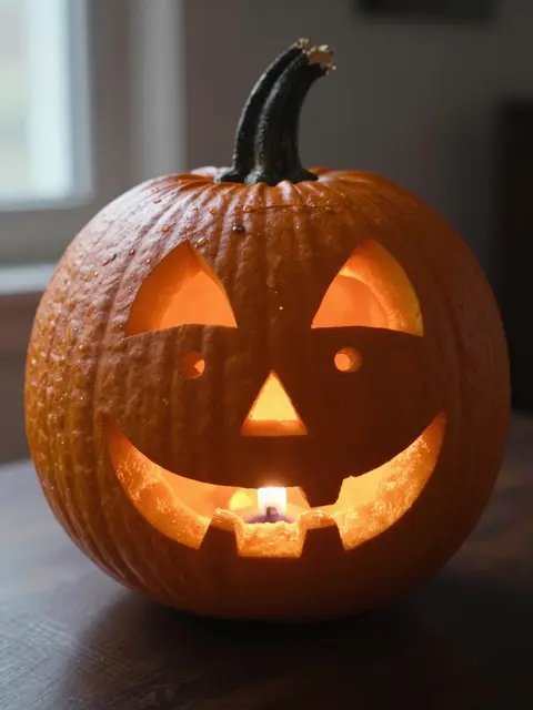 A lit carved jack-o'-lantern sits on a wooden table near a window in a dim room